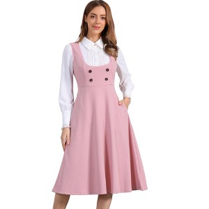 INSPIRE CHIC Women's Lace Trim Button Decor Overalls Midi Pinafore Dress with Pockets - 1 of 4
