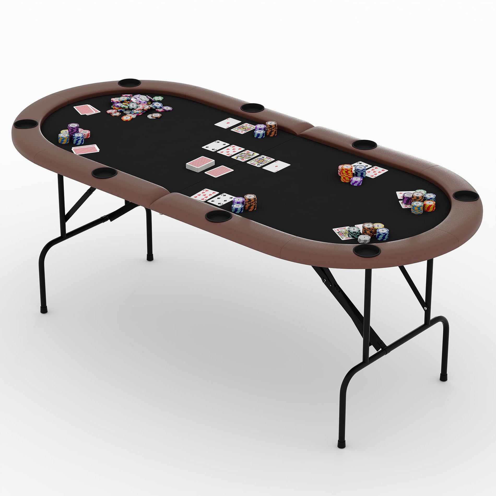8 Player Foldable Poker Table 71" Oval with Cup Holders, Padded Armrests, Casino Felt Surface, Portable Folding Game Table for Game Room, Brown