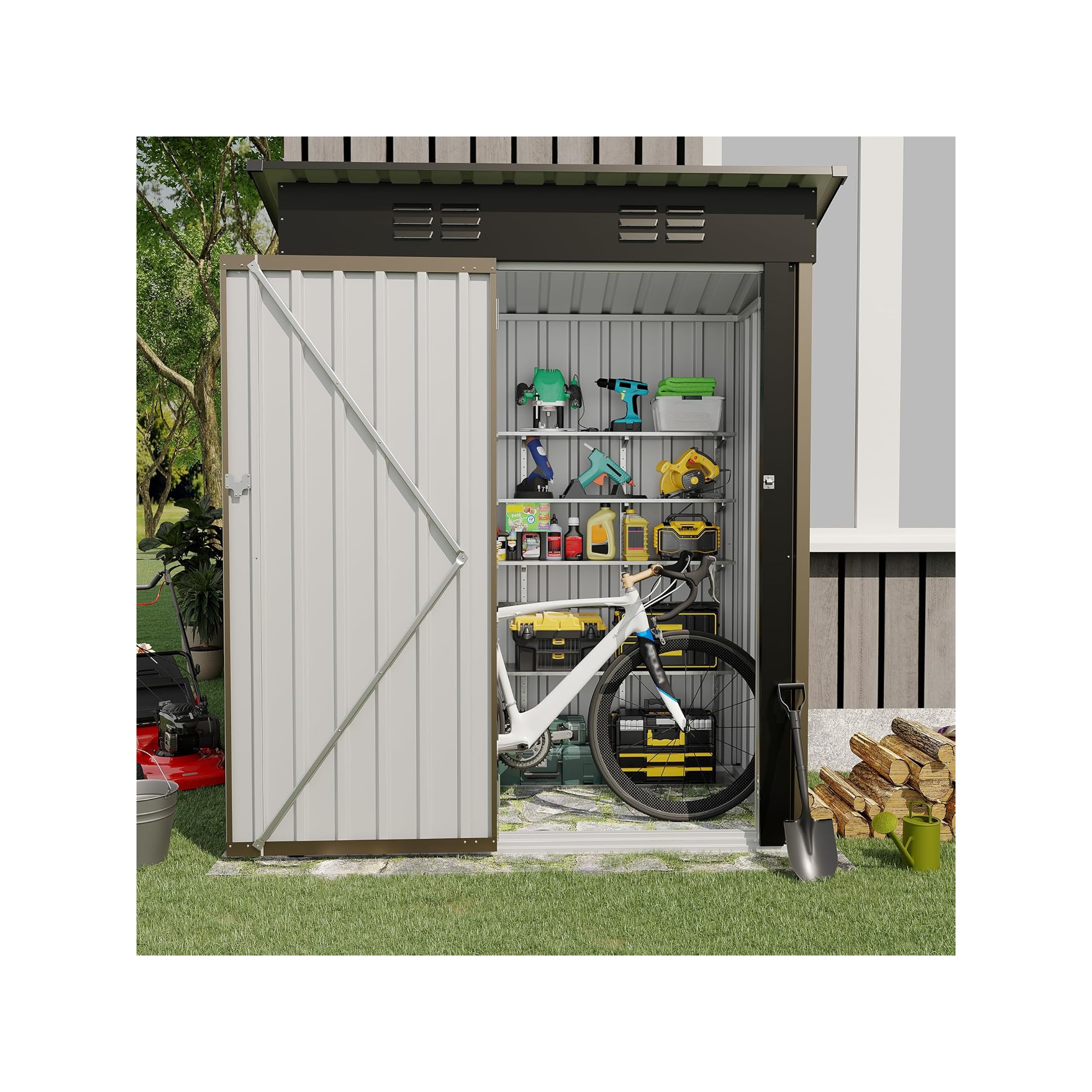 5x3 FT Outdoor Storage Shed, 67 Cu Ft Metal Tool Shed with Sloped Roof - Weather Resistant Garden Shed for Bikes, Lawn Equipment - Brown