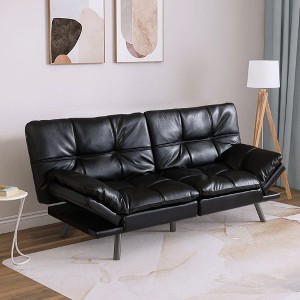 Vipbear 71" Futon Convertible Memory Foam Sofa Bed, Modern Loveseat for Living Room, Adjustable Armrests Backrest Sofabed, Faux Leather - Black - 1 of 4