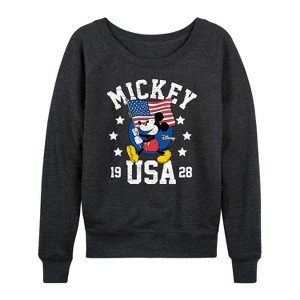 Women's - Disney - Mickey Waving Flag USA Lightweight French Terry Wide Neck Long Sleeve Shirt - 1 of 4