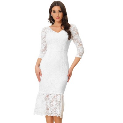 Allegra K Women's Elegant V Neck 3/4 Sleeve Lace Mermaid Bodycon Dress