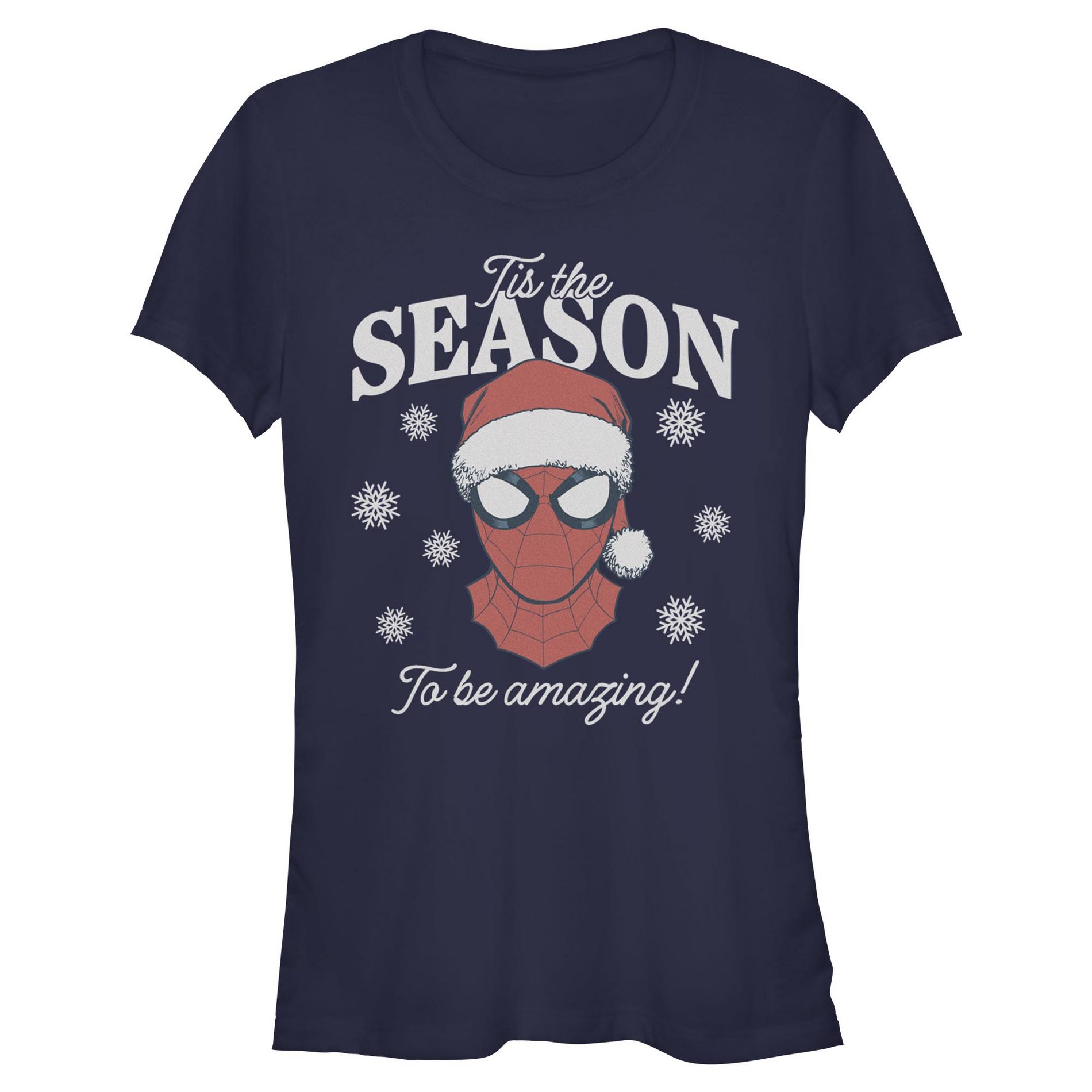 Juniors Marvel Tis The Season Spidey Portrait T Shirt - Navy Blue - Large