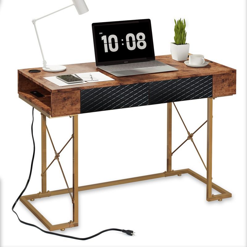 Modern Desk, 42 Inch Home Office Desk, Makeup Vanity Dressing Table, Walnut, 1 of 7