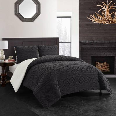 King 3pc Turner Embossed Cable Knit Sherpa Comforter Set with Sherpa Reverse Charcoal - Dearfoams