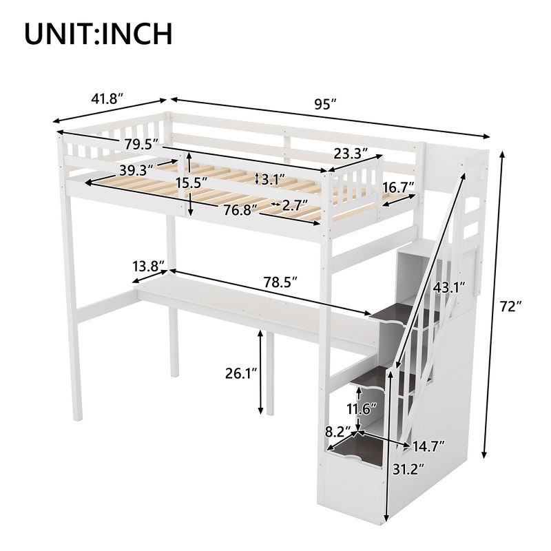 Twin Size Loft Bed with Storage Staircase and Built-in Desk-ModernLuxe, 3 of 11