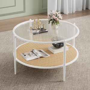 30" Modern Simple 2 Tier Boho Glass Top Metal Center Table, Round Coffee Table with Storage Shelf, , for Living Room, Small Space - 1 of 4
