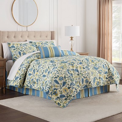 Twin Blue Cotton Reversible Floral Quilt Set