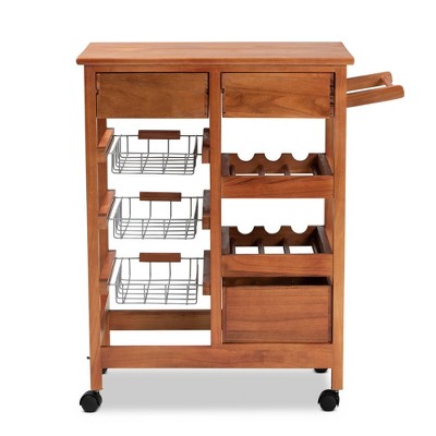 Crayton Oak Brown and Silver Mobile Kitchen Cart with Wine Storage