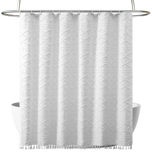 Aoibox White Boho Fabric Shower Curtain with Tassel, Modern Textured Farmhouse Minimalist Design, Tufted Chevron Striped Water Resistant Cloth Curtain - 1 of 4