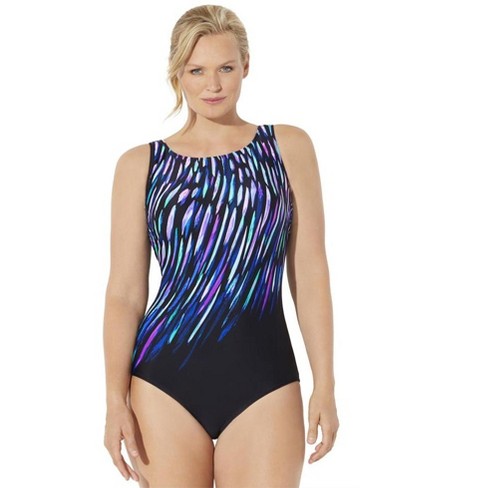 Swimsuits For All Women's Plus Size Tummy Control Chlorine Resistant High  Neck One Piece Swimsuit - 18, Purple Blue Rain