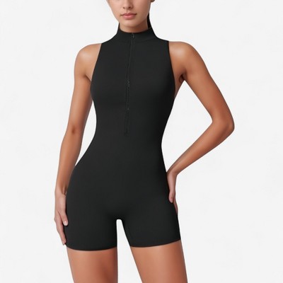 Anna-Kaci Active Women's Sleeveless Zip Front Active Romper with High Neck and Fitted Stretch Fabric