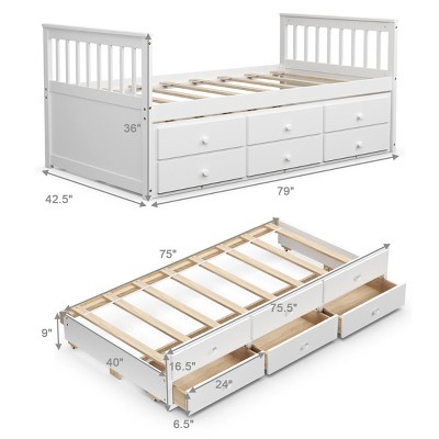 White Twin Pine Wood Captain's Bed with Trundle and Storage Drawers
