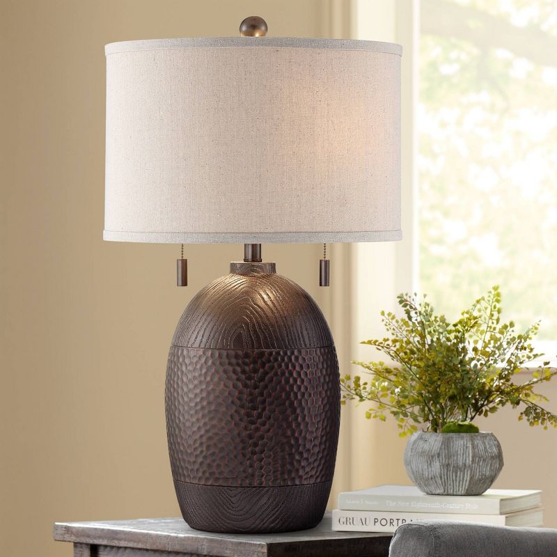 Franklin Iron Works Byron Rustic Table Lamp 27 1/2" Tall Hammered Textured Bronze White Drum Shade for Bedroom Living Room Bedside Nightstand Office, 2 of 12