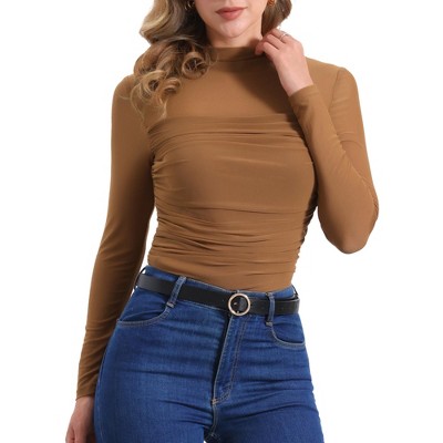 INSPIRE CHIC Women's Solid Mock Neck Mesh Sheer Long Sleeve Ruched Blouses
