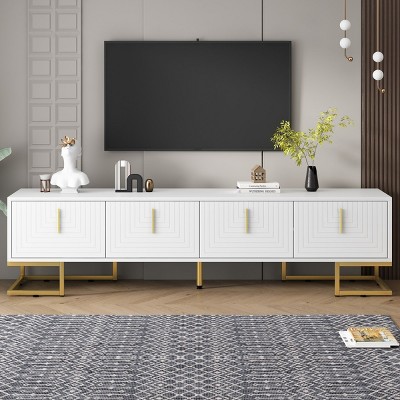 TV Console With Metal Legs And Gold Handles For 80" TV, TV Console With Cabinets And Adjustable Shelves,TV Cabinet For Living Room-Cuddlewood