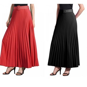 INSPIRE CHIC Women's Flowy Pleated Elastic High Waist with Belt A-line Skirt 2 Packs - 1 of 4