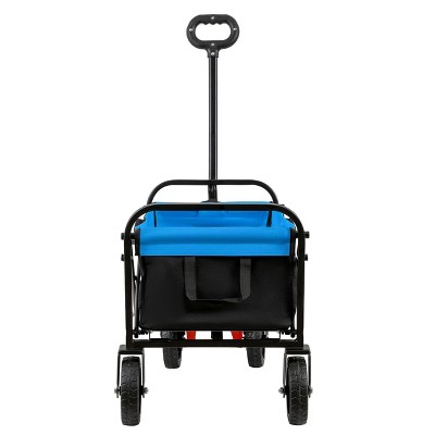 FURNIinspire Wheelbarrows And Lawn Carts Folding Wagon Garden Cart, Lawn Cart With Solid Wheels And Handle, Black And Blue, 30“*15"*36"