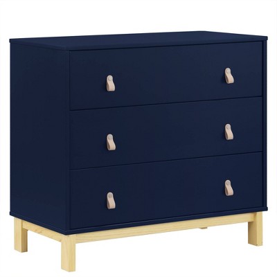 Navy and Natural Pine 3-Drawer Nursery Dresser with Leather Pulls