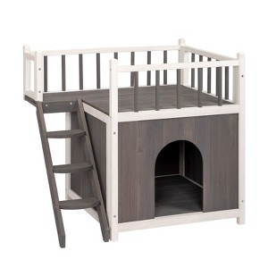 BENCMATE Pet Crates and Houses 2-Story Wooden Cat House with Balcony in Indoor and Outdoor Shelter for Feral and Pet Cats, Gray, 30.7"*27.2"*6.9" - 1 of 4