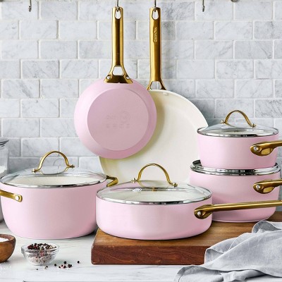 Blush Pink Ceramic Nonstick 10-Piece Cookware Set with Gold Handles