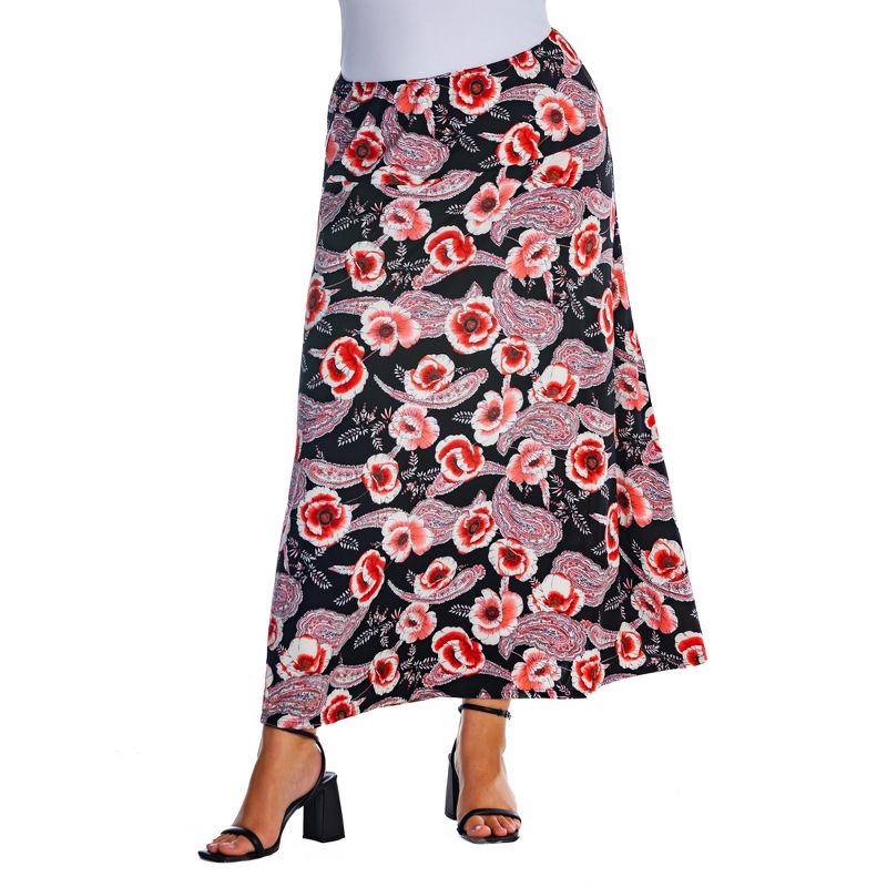 Womens Plus Size Black and Red Floral Maxi Skirt, 4 of 5