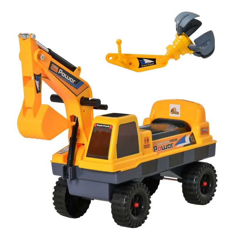 Qaba No Power Construction Ride On Toy Construction Truck, Multi-functional Excavator Digger with Workable Digging Bucket, Yellow, 4 of 7