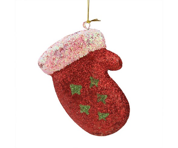 Lynn Roberts 5.5" Red with Green Trees Glitter Drenched Mitten Christmas Ornament