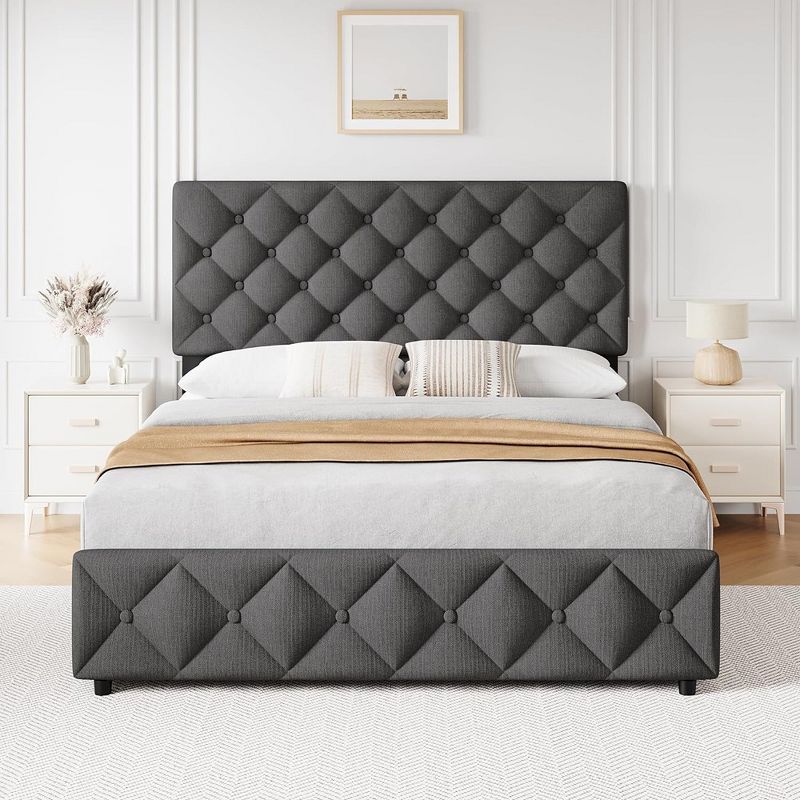 Whizmax Linen Upholstered Platform Bed Frame with 4 Storage Drawers and Headboard, Diamond Stitched Button Tufted, Gray, 3 of 8
