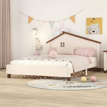 Full Size Wood Platform Bed With House-shaped Headboard Easy Assembly Platform Bed Frames Mattress Foundation