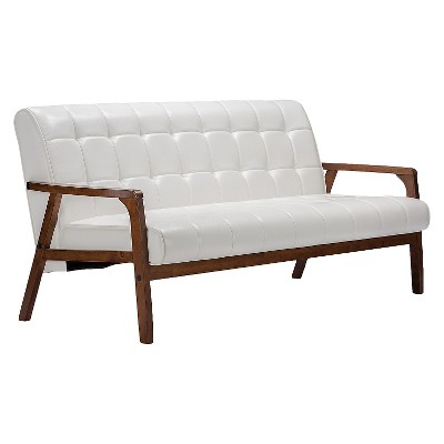 Elegant White Faux Leather Tufted Sleeper Sofa with Wood Accents