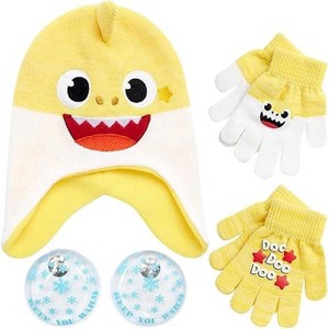 Nicklelodeon Boy's Baby Shark Winter Hat and 2 Pairs of Mittens Set (Toddler/Little Boys), Size Age 2-7, Yellow 3D Glove with Handwarmers - 1 of 4