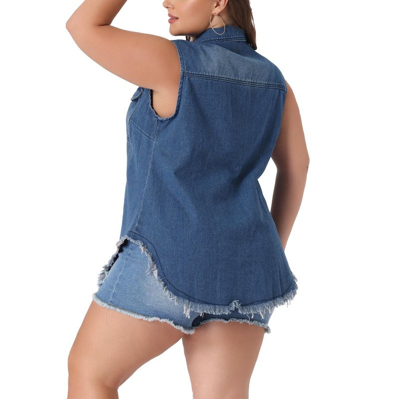 Agnes Orinda Women's Plus Size Button Up Frayed Hem Sleeveless Pockets Denim Vests, 4 of 6