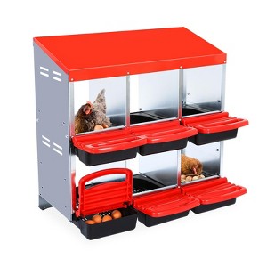 Chicken Nesting Box with 6 Compartments – Galvanized Steel Roll-Away Egg Laying Boxes with Lid Cover, Legs, and Easy-Clean Design, Red - 1 of 4