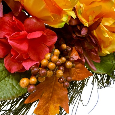 24" Autumn Harvest Artificial Floral Wreath with Feather Accents