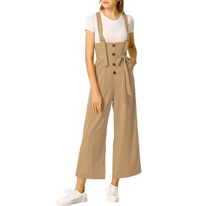 Allegra K Women's High Waist Wide Leg Belted Button Long Overalls Jumpsuit - 1 of 4