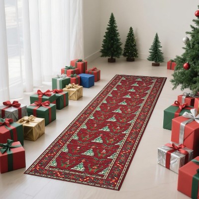 Christmas Runner Rug, Non-Slip Washable Indoor Carpet with Tree and Snowflake Pattern, Stain Resistant Kitchen Floor Mat for Hallway