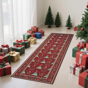 Christmas Runner Rug, Non-Slip Washable Indoor Carpet with Tree and Snowflake Pattern, Stain Resistant Kitchen Floor Mat for Hallway - 1 of 4