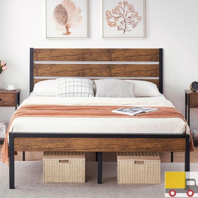 Garvee Sturdy Queen Size Bed Frame with Rustic Wooden Headboard, Reinforced Metal Platform, No Box Spring Needed, Quiet Design,Underbed Storage Space