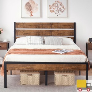 Garvee Sturdy Queen Size Bed Frame with Rustic Wooden Headboard, Reinforced Metal Platform, No Box Spring Needed, Quiet Design,Underbed Storage Space - 1 of 4