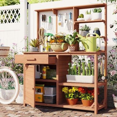Outdoor Potting Bench, Garden Workstation for Planting, Potting Bench with Shelves and Adjustable Storage, Wood Potting Bench-Coolbibila