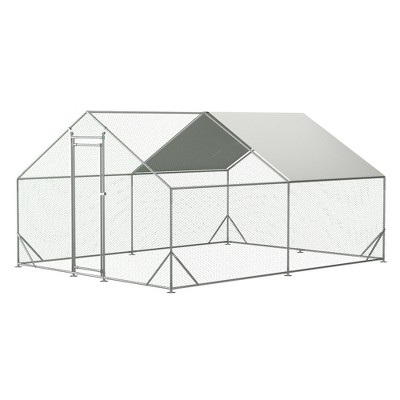 ROOMTEC Large Metal Chicken Coop, Walk-in Chicken Run Outside Galvanized Wire Poultry Chicken Hen Pen Spire Cage with Cover
