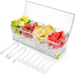 Aoibox Large Ice Chilled Condiment Server with Lid, 4 Compartments Chilled Caddy, Bar Garnish Serving Platter for Salad, Includes 2 Tongs & 6 Forks - 1 of 4