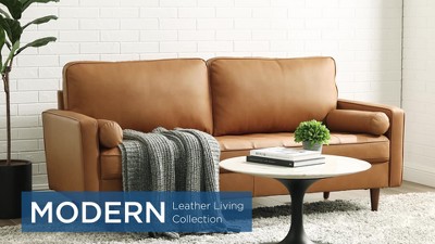 Mid-Century 73'' Tufted Brown Leather Sofa with Walnut Wood Legs