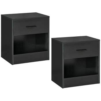 HOMCOM Modern Accent End Table with Drawer and Storage Shelf, Sofa Side Table for Living Room or Bedroom, Set of 2, Black Wood Grain