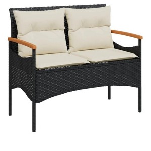 Patio Bench with Cushions 45.7"x24.6"x29.1" Black Poly Rattan - 1 of 4