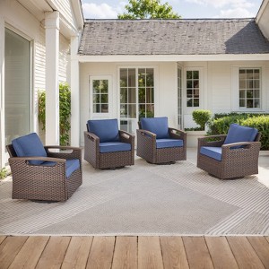 POCASSY Swivel Patio Chairs Swivel Rocker Set of 4, Dark Brown Hand-Brushed Arms 360° Swivel Outdoor Chairs with All Weather Brown Wicker & 4" Cushion - 1 of 4