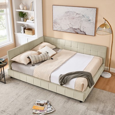 YONWAY Queen Size Upholstered Corner Daybed With L Shaped Headboard With Comfortable Backrest Velvet Day Bed Floor Bed Frame For Living Room