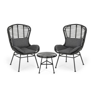 GDFStudio Cowan Outdoor Wicker and Glass 3 Piece Chat Set with Cushions, Gray, Dark Gray, and Black - 1 of 4