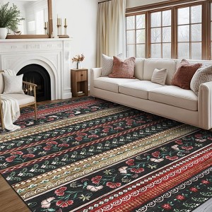 Floral Rug for Living Room Bedroom, 4x6 Washable Rug, Boho Area Rug, Large Non Slip Low Pile Wool Carpet for Dining Room, Kids Room - 1 of 4